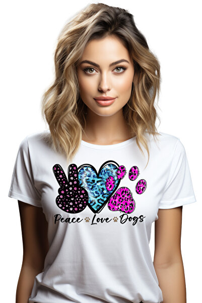StoryGift Romania Tricou Femei cu mesajul "Peace, love, dogs", inima, labuta,...