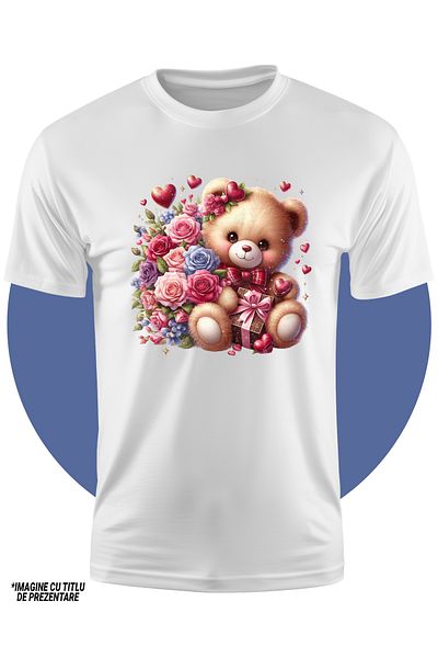 StoryGift Romania Tricou Copii Cu Un Ursulet Fericit Si Imbujorat, De Plus, Ilustratie, Trandafiri, Flori, C