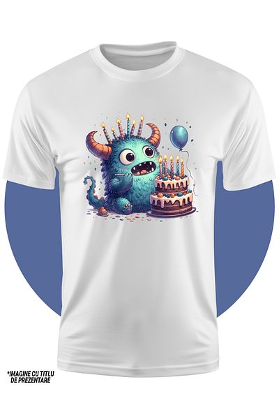 StoryGift Romania Tricou Copii Cu Un Monstru Care Are Un Tort, Ilustratie, Lumanari Aprinse, Balon, Zi De Na