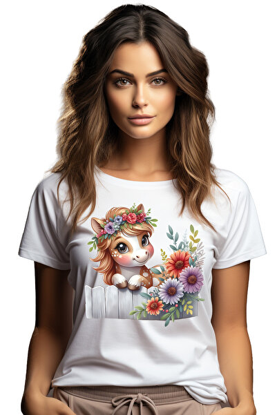 StoryGift Romania Tricou Femei cu un calut vesel, ilustratie, coroana din flo...