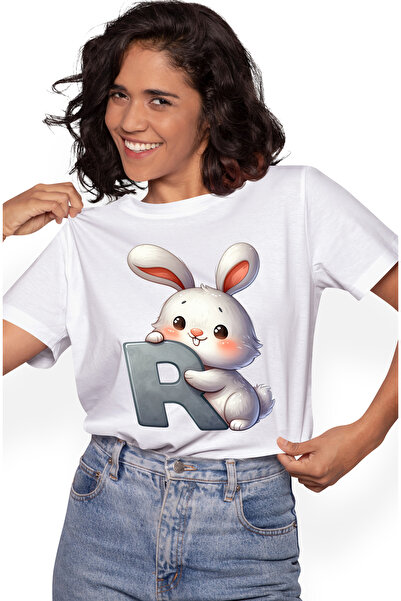 StoryGift Romania Tricou Femei cu un iepure cu litera "R", ilustratie, pentru copii, scoala, elev, WHT_L