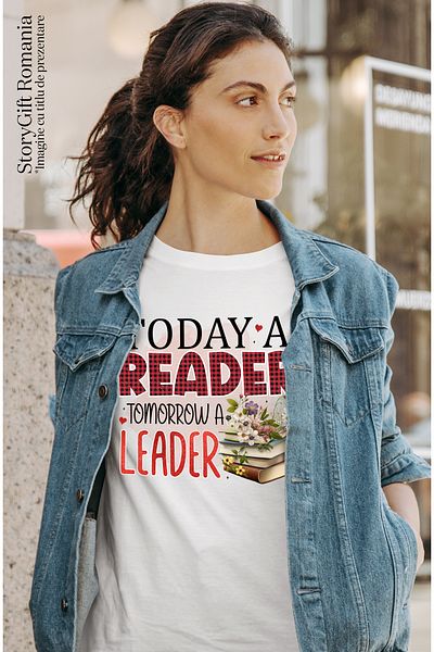 StoryGift Romania Tricou Femei cu mesajul "Today a reader, tomorrow a leader", carte, ilustratie, WHT_M
