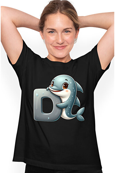 StoryGift Romania Tricou Femei cu un delfin cu litera "D", ilustratie, pentru...
