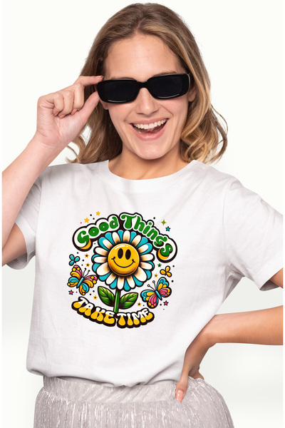 StoryGift Romania Tricou Femei cu o floare vesela cu mesajul "Good things tak...