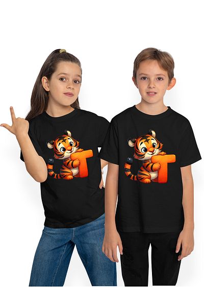 StoryGift Romania Children's T-shirt with a tiger with the letter "T", illustration, for children, school, student, alphabet,