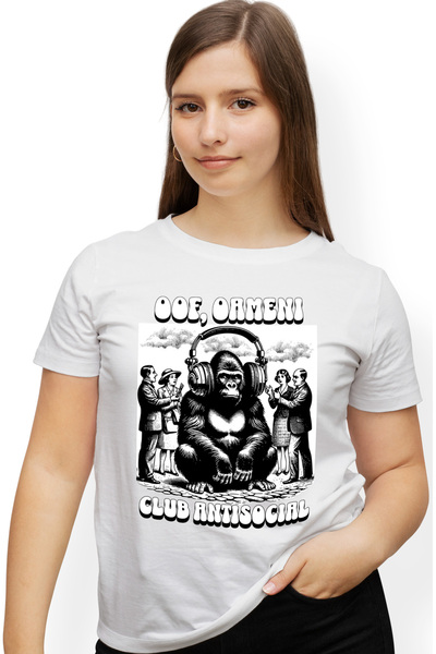 StoryGift Romania Tricou Femei Gorilla introvert. Oof, oameni. Club antisocial cu imprimeu pe Fata WHT_L