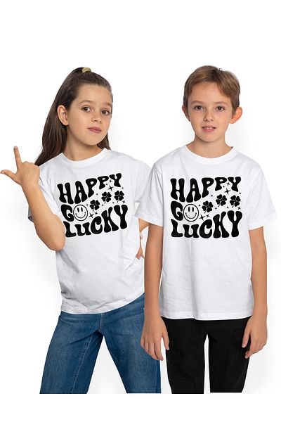 StoryGift Romania Tricou Copii Cu Trifoi Cu Patru Foi Si Mesaj In Engleza "happy, Go Lucky" - Fericit Noroco