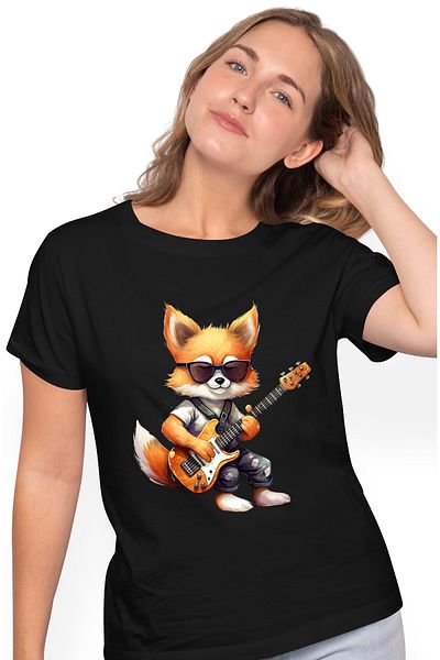 StoryGift Romania Tricou Femei cu un vulpoi care canta la chitara, ilustratie, instrument muzical, BLK_L