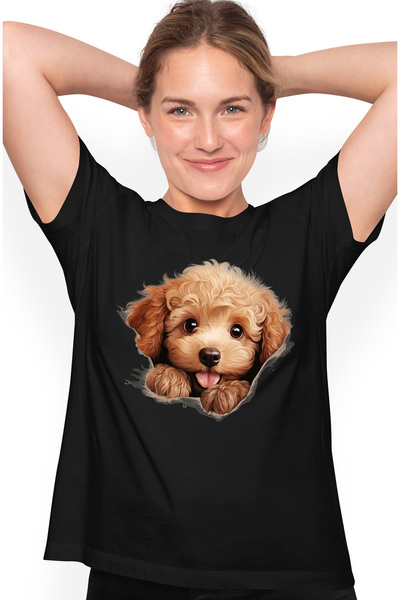 StoryGift Romania Tricou Femei cu un catelus maro, ilustratie, se uita curios, descopera, jucaus, BLK_L