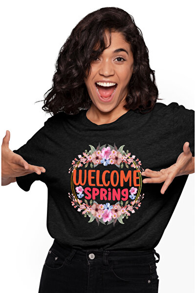 StoryGift Romania Tricou Femei cu mesajul "Welcome, spring", ilustratie, primavara, flori, bine ai BLK_L