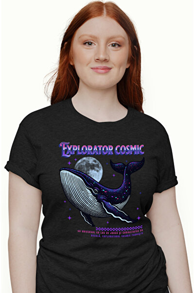 StoryGift Romania Tricou Femei Balena in spatiu mov Explorator cosmic cu imprimeu pe Fata, 100% Bu BLK_L