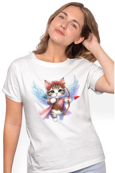 StoryGift Romania Tricou Femei cu o pisicuta care trage cu arcul, ilustratie, Cupidon, indragostir WHT_L