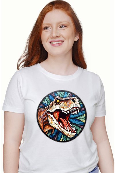 StoryGift Romania Tricou Femei cu un dinozaur in stil mozaic, ilustratie, abstract, furios, natura WHT_L