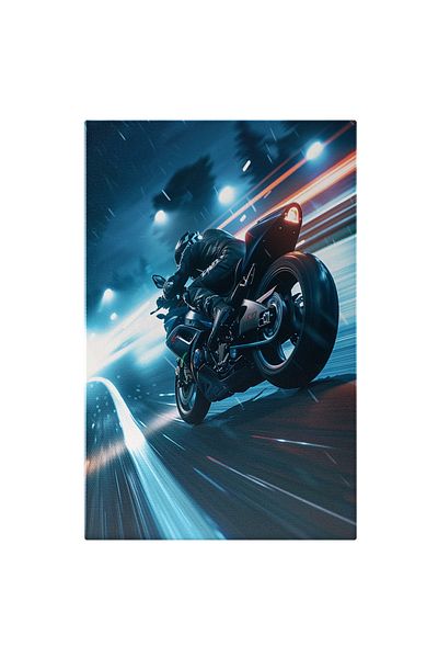 StoryGift Romania Tablou Canvas Vreme Ploioasa Pe Care Se Plimba Un Barbat Cu Motocicleta Neagra Cu Viteza Lumin