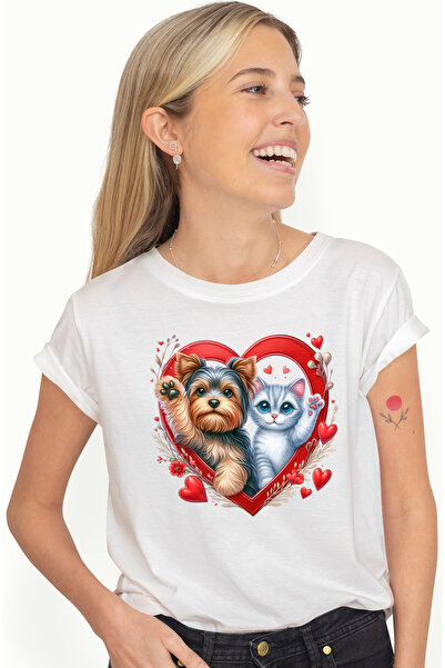 StoryGift Romania Tricou Femei cu o pisicuta si un catel blanos care fac cu mana, ilustratie, cadr WHT_M