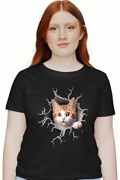 StoryGift Romania Tricou Femei Cu Pisica cu Portocaliu si Alb Care iese din Z...