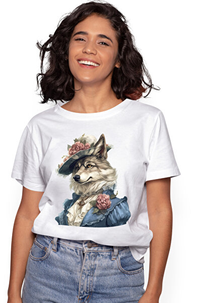 StoryGift Romania Tricou Femei cu un lup in haine de epoca, ilustratie, palar...