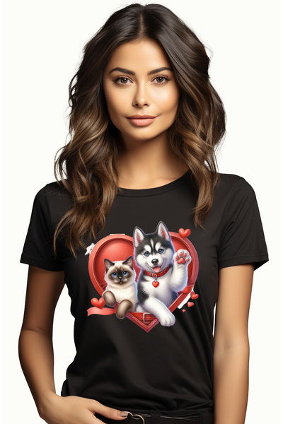 StoryGift Romania Tricou Femei cu o pisicuta birmaneza si un catel Husky, ilustratie, fericiti, ve BLK_L