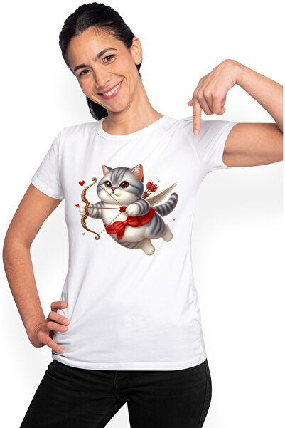 StoryGift Romania Tricou Femei cu o pisica grasuta, ilustratie, trage cu arcul, Cupidon, inimioare WHT_L