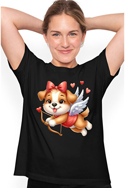 StoryGift Romania Tricou Femei cu un catelus Cupidon, ilustratie, arc, inimio...