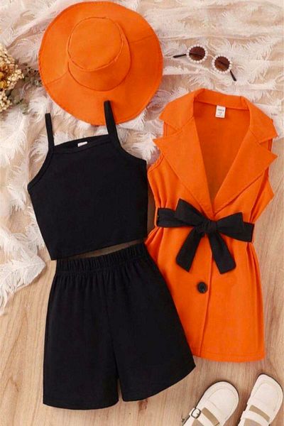DeKuBaby New Season Elegant Belted Blazer Jacket+Shorts+T-Shirt+Hat Girls' Luxury Blazer Suit with Shorts 4 Pieces