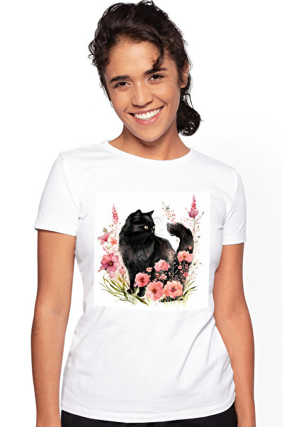 StoryGift Romania Tricou Femei cu o pisica neagra, ilustratie, floricele, roz...