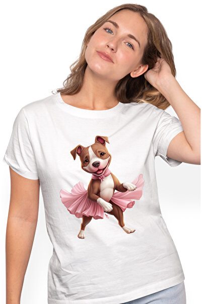 StoryGift Romania Tricou Femei cu Pitbull in fusta de balerina, caine, animal de companie, ilustra WHT_L