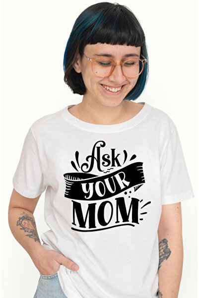 StoryGift Romania Tricou Femei cu mesajul in engleza "Ask your mom" - intreaba-ti mama cu imprime WHT_L