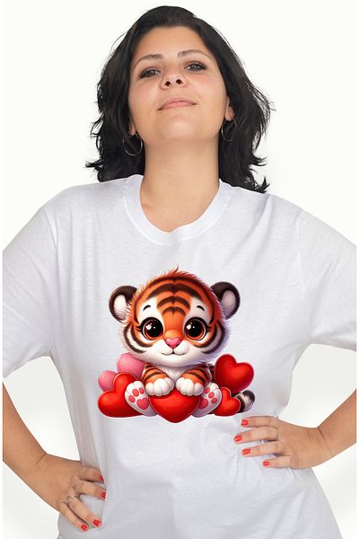 StoryGift Romania Women's T-shirt with a tiger cub holding a heart, illustration, Valentine's Day, WHT_L