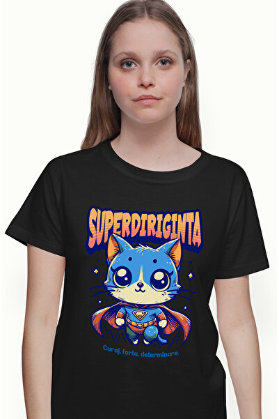 StoryGift Romania Tricou Femei Super Diriginta, SuperErou, Pisica Zburand, cu imprimeu pe Fata, 1 BLK_L