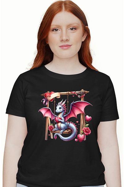 StoryGift Romania Tricou Femei cu un dragon care se da in leagan, ilustratie, inima, floricele, af BLK_L
