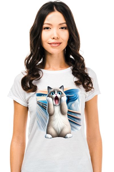 StoryGift Romania Tricou Femei cu o pisica socata, ilustratie, uimita, speriata, pictura celebra, WHT_L
