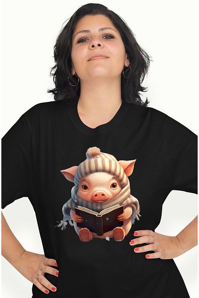 StoryGift Romania Tricou Femei cu un purcelus cu fular si caciula, ilustratie, carte, lectura, fri BLK_L