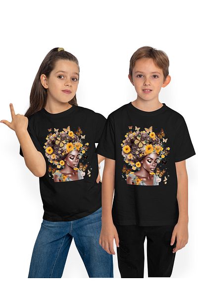 StoryGift Romania Tricou Copii Cu O Femeie De Culoare, Ilustratie, Draguta, Abstract, Fluturi, Floricele Gal