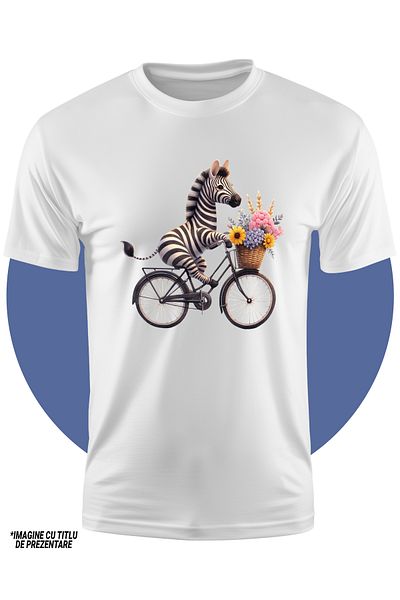 StoryGift Romania Children's T-shirt with a zebra riding a bike, illustration, basket with flowers, walk, n,STG4