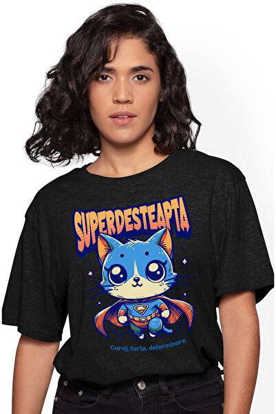 StoryGift Romania Tricou Femei Super Desteapta, SuperErou, Pisica Zburand, cu imprimeu pe Fata, 1 BLK_L