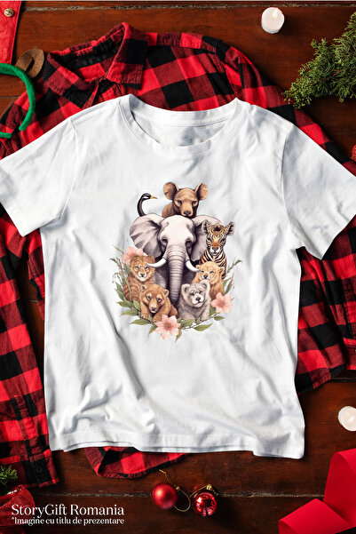 StoryGift Romania Tricou Femei cu animale salbatice, ilustratie, natura, intelegere, jungla, elefa WHT_L