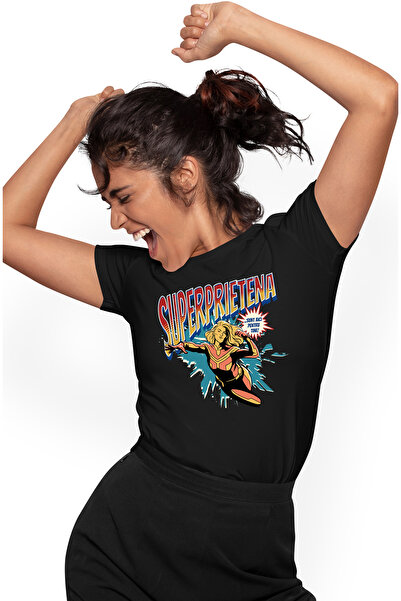 StoryGift Romania Tricou Femei Super Prietena, SuperErou Sunt Aici Pentru Tine, cu imprimeu pe Fa BLK_M