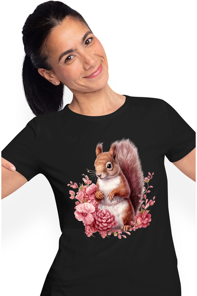 StoryGift Romania Tricou Femei cu o veverita, ilustratie, floricele, frunze, ...