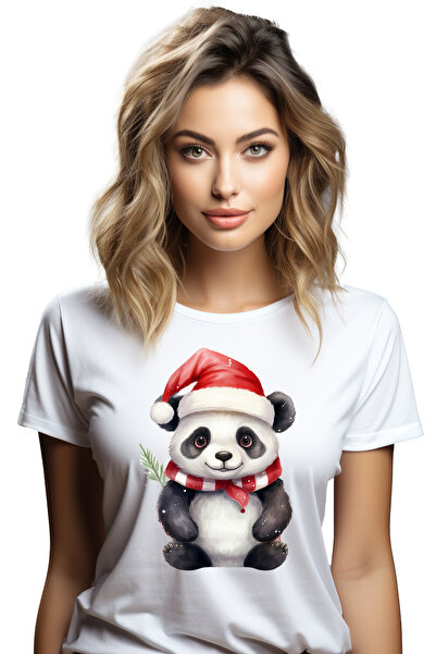 StoryGift Romania Tricou Femei cu un urs Panda vesel, caciula de Craciun, ilu...