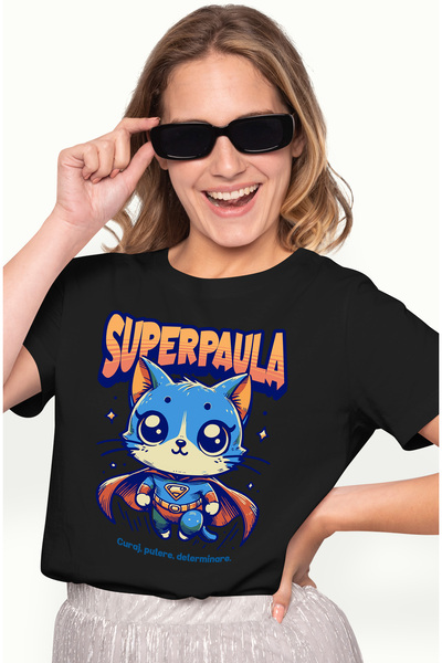 StoryGift Romania Tricou Femei Super Paula, SuperErou, Pisica Zburand, cu imp...