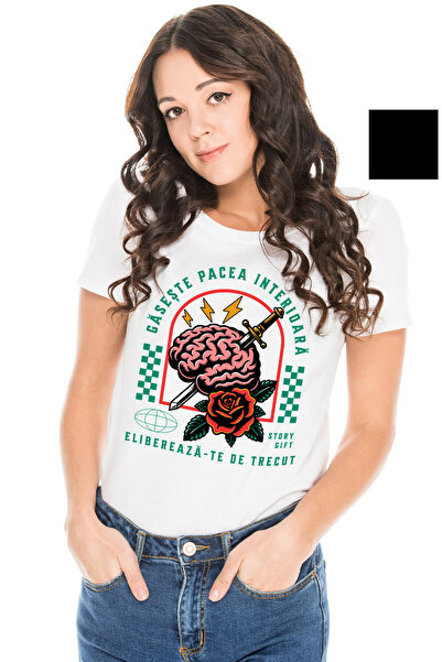 StoryGift Romania Tricou Femei Gaseste Pacea Interioara - Creier, Sabie, Floa...