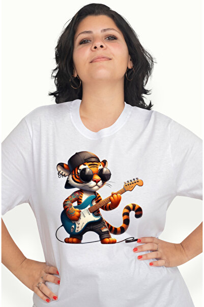 StoryGift Romania Tricou Femei cu un tigru tatuat care canta la chitara, ilus...