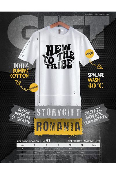 StoryGift Romania Tricou Copii pentru nou-venitii pe lume cu mesajul "New to the tribe" - nou in trib 100% B