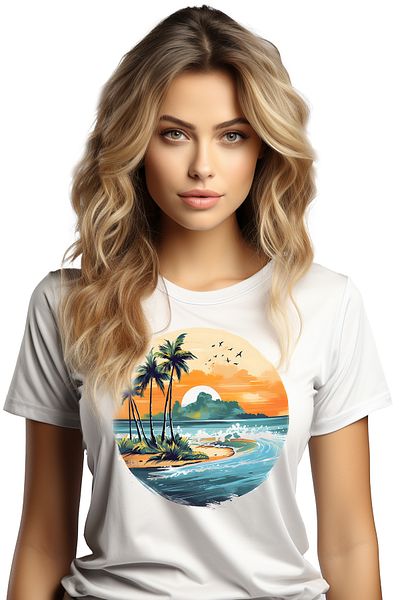 StoryGift Romania Tricou Femei cu o insula, ilustratie, plaja, vegetatie, palmieri, apa, mare, pas WHT_L