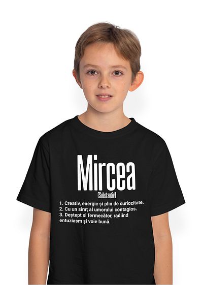 StoryGift Romania Tricou Copii Baieti Cu Numele Mircea, Cu Mesaj Motivational, Creativ, Energic, Curios, Des