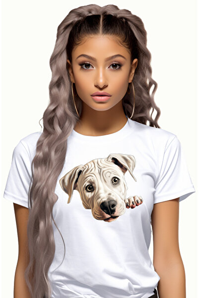 StoryGift Romania Tricou Femei cu un catel alb care se uita sfios, ilustratie, labuta, gheare, pen WHT_L