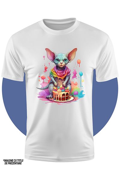 StoryGift Romania Tricou Copii Cu O Pisicuta Sfinx, Ilustratie, Tort, Aniversare, Pentru Copii, Bucurie, Pet