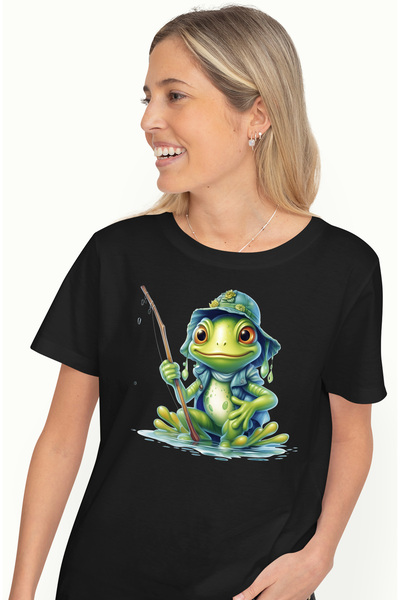 StoryGift Romania Tricou Femei cu un broscoi verde, ilustratie, vesel, tine un bat, undita, apa, b BLK_L