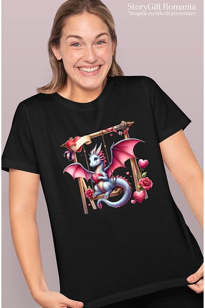 StoryGift Romania Tricou Femei cu un dragon care se da in leagan, ilustratie, inima, floricele, af BLK_L